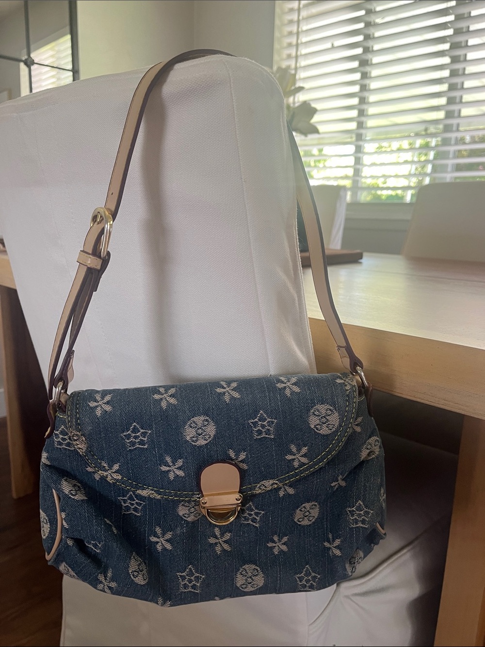 LV vibes Blue Denim Monogram Shoulder Bag with Gold Hardware